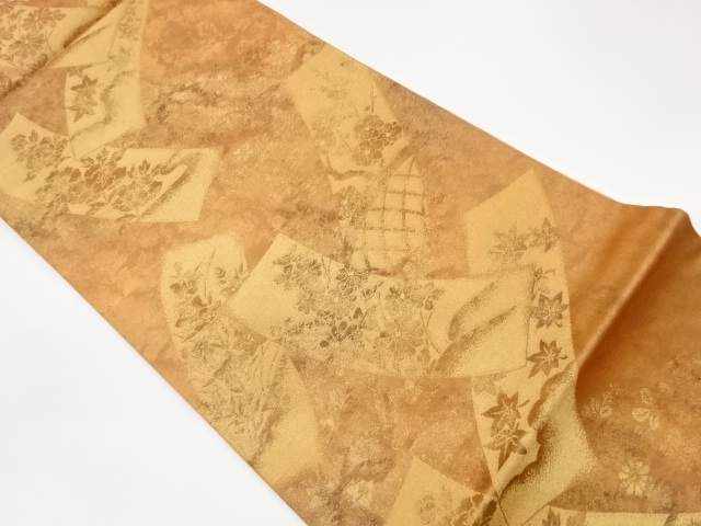 リサイクル　短冊に花々・秋草模様織出し袋帯